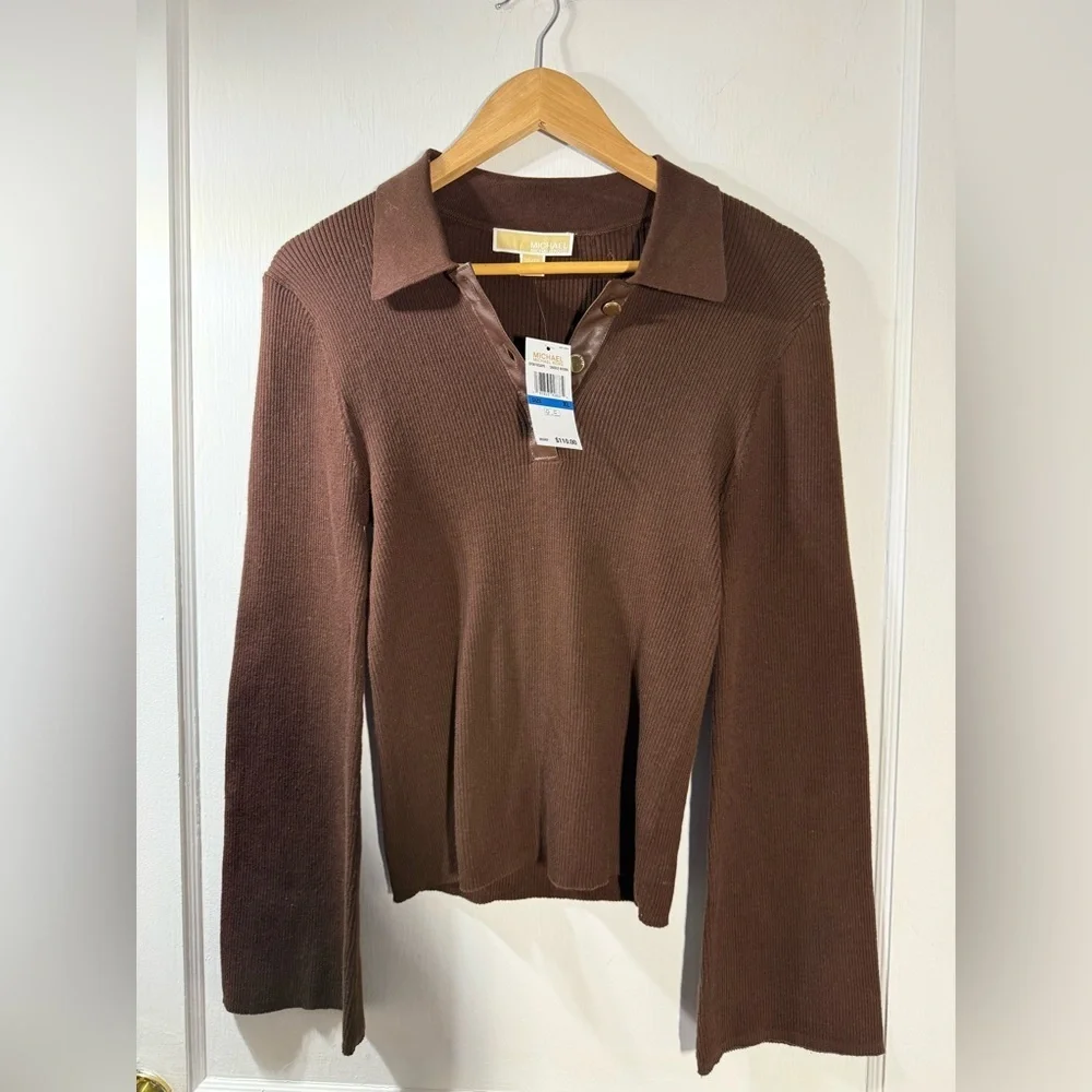 Michael Kors Saddle Brown Ribbed Polo with bell sleeves